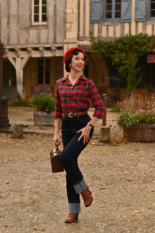 "Marion" Blouse in 100% Cotton Red Plaid Tartan, Authentic & Classic 1940s Vintage Inspired Style