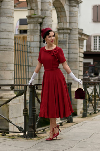 "Cindy" Dress in Windsor Wine by The Seamstress Of Bloomsbury, Classic 1940s Vintage Inspired Style