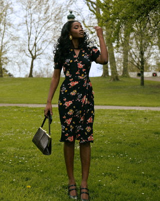 "Mabel" Waterfall Dress in Black Mayflower, A Classic 1940s Inspired Vintage Style