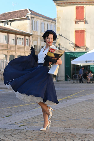 "Rita" Swing Skirt in Black with Ivory Detailing, Classic 1940s Style