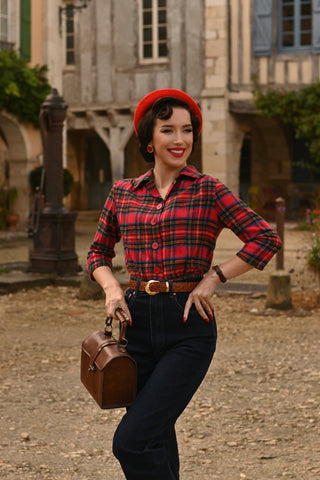 "Marion" Blouse in 100% Cotton Red Plaid Tartan, Authentic & Classic 1940s Vintage Inspired Style