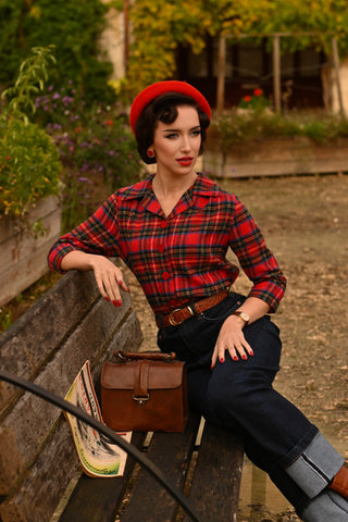 "Marion" Blouse in 100% Cotton Red Plaid Tartan, Authentic & Classic 1940s Vintage Inspired Style