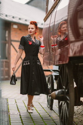 The "Loopy-Lou" Shirtwaister Dress in Black with Contrast RicRac, True 1950s Vintage Style - CC41, Goodwood Revival, Twinwood Festival, Viva Las Vegas Rockabilly Weekend Rock n Romance Rock n Romance