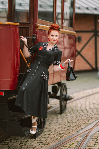 The "Loopy-Lou" Shirtwaister Dress in Black with Contrast RicRac, True 1950s Vintage Style - CC41, Goodwood Revival, Twinwood Festival, Viva Las Vegas Rockabilly Weekend Rock n Romance Rock n Romance