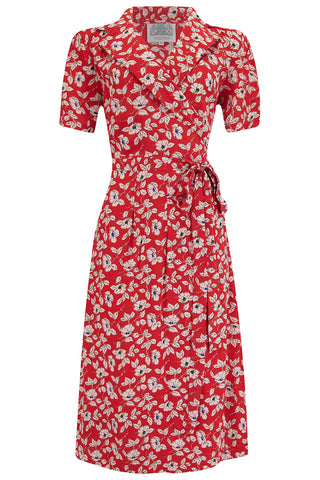 „Peggy Wickelkleid, grüner Mayflower-Print, klassischer echter Vintage-Stil der 1940er Jahre