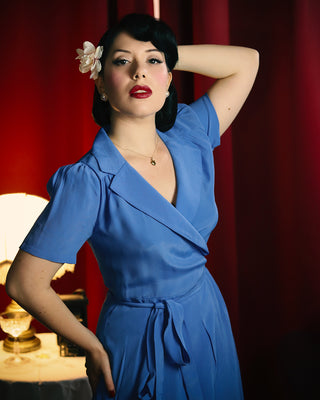 "Peggy" Wrap Dress in Palace Blue, Classic 1940s True Vintage Style