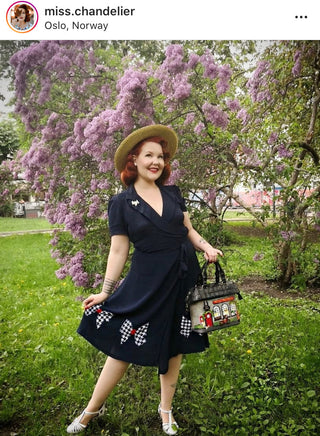 "Peggy" Wrap Dress in Navy Blue With Large Hand Stitched Bow, Classic 1940s Style - RocknRomance True 1940s & 1950s Vintage Style