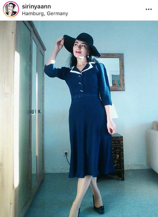 Long sleeve Lisa - Mae Dress in Navy with contrast under collar, Authentic 1940s Vintage Style at its Best - CC41, Goodwood Revival, Twinwood Festival, Viva Las Vegas Rockabilly Weekend Rock n Romance The Seamstress Of Bloomsbury