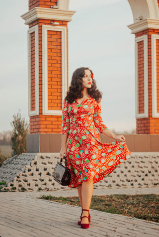 "Lisa" Tea Dress with 3/4 Length Sleeves in Slipper Atomic Satin Print, Authentic 1940s Vintage Style - CC41, Goodwood Revival, Twinwood Festival, Viva Las Vegas Rockabilly Weekend Rock n Romance The Seamstress Of Bloomsbury