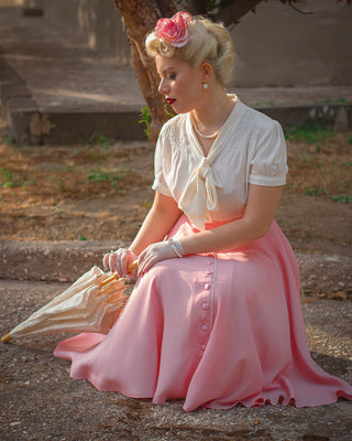 "Rita" Swing Skirt in Pink Blossom with Ivory Detailing, Classic 1940s Style - CC41, Goodwood Revival, Twinwood Festival, Viva Las Vegas Rockabilly Weekend Rock n Romance The Seamstress of Bloomsbury