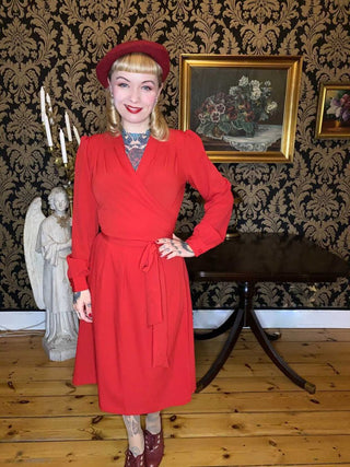 The "Evie" Long Sleeve Wrap Dress in Red, True & Authentic Late 1940s Early 1950s Vintage Style - CC41, Goodwood Revival, Twinwood Festival, Viva Las Vegas Rockabilly Weekend Rock n Romance Rock n Romance