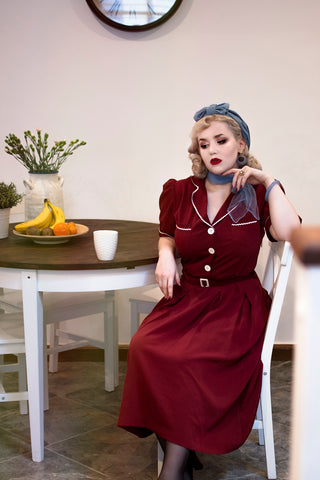 The "Kitty" Shirtwaister Dress in Wine with Contrast Ric-Rac, True Late 40s Early 1950s Vintage Style - CC41, Goodwood Revival, Twinwood Festival, Viva Las Vegas Rockabilly Weekend Rock n Romance Rock n Romance