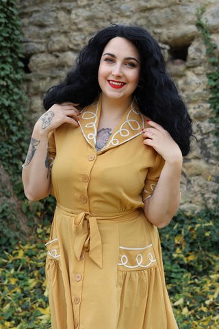 The "Loopy-Lou" Shirtwaister Dress in Mustard with Contrast RicRac, True 1950s Vintage Style - CC41, Goodwood Revival, Twinwood Festival, Viva Las Vegas Rockabilly Weekend Rock n Romance Rock n Romance