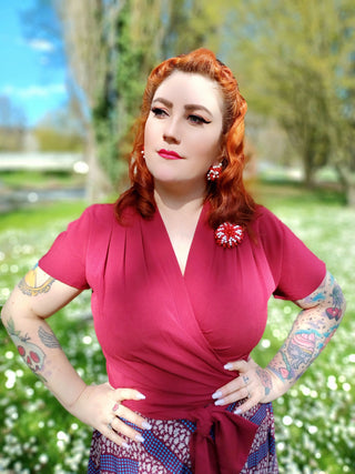 The "Darla" Short Sleeve Wrap Blouse in Wine, True Vintage Style - CC41, Goodwood Revival, Twinwood Festival, Viva Las Vegas Rockabilly Weekend Rock n Romance Rock n Romance