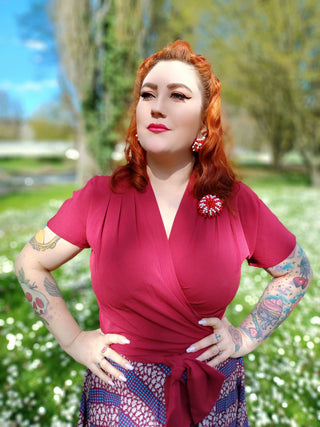 The "Darla" Short Sleeve Wrap Blouse in Wine, True Vintage Style - CC41, Goodwood Revival, Twinwood Festival, Viva Las Vegas Rockabilly Weekend Rock n Romance Rock n Romance