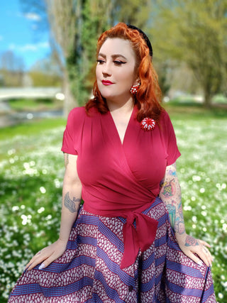 The "Darla" Short Sleeve Wrap Blouse in Wine, True Vintage Style - CC41, Goodwood Revival, Twinwood Festival, Viva Las Vegas Rockabilly Weekend Rock n Romance Rock n Romance