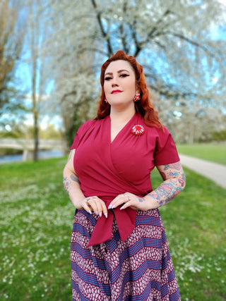 The "Darla" Short Sleeve Wrap Blouse in Wine, True Vintage Style - CC41, Goodwood Revival, Twinwood Festival, Viva Las Vegas Rockabilly Weekend Rock n Romance Rock n Romance