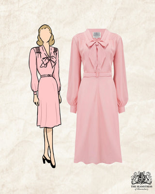 "Eva" Dress in Blossom Pink , Classic 1940's Style Long Sleeve Dress with Tie Neck - CC41, Goodwood Revival, Twinwood Festival, Viva Las Vegas Rockabilly Weekend Rock n Romance The Seamstress Of Bloomsbury