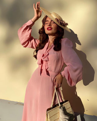 "Eva" Dress in Blossom Pink , Classic 1940's Style Long Sleeve Dress with Tie Neck - CC41, Goodwood Revival, Twinwood Festival, Viva Las Vegas Rockabilly Weekend Rock n Romance The Seamstress Of Bloomsbury