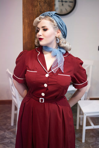 The "Kitty" Shirtwaister Dress in Wine with Contrast Ric-Rac, True Late 40s Early 1950s Vintage Style - CC41, Goodwood Revival, Twinwood Festival, Viva Las Vegas Rockabilly Weekend Rock n Romance Rock n Romance