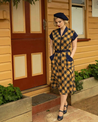 The "Casey" Dress in Mustard & Navy Check Print, True 1950s Vintage Style - CC41, Goodwood Revival, Twinwood Festival, Viva Las Vegas Rockabilly Weekend Rock n Romance Rock n Romance