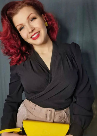 The "Darla" Long Sleeve Wrap Blouse in Black, True Vintage Style - CC41, Goodwood Revival, Twinwood Festival, Viva Las Vegas Rockabilly Weekend Rock n Romance Rock n Romance