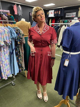 The "Loopy-Lou" Shirtwaister Dress in Wine with Contrast RicRac, True 1950s Vintage Style - CC41, Goodwood Revival, Twinwood Festival, Viva Las Vegas Rockabilly Weekend Rock n Romance Rock n Romance