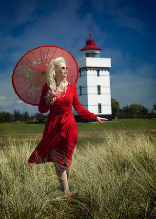 The "Evie" Long Sleeve Wrap Dress in Red, True & Authentic Late 1940s Early 1950s Vintage Style - CC41, Goodwood Revival, Twinwood Festival, Viva Las Vegas Rockabilly Weekend Rock n Romance Rock n Romance