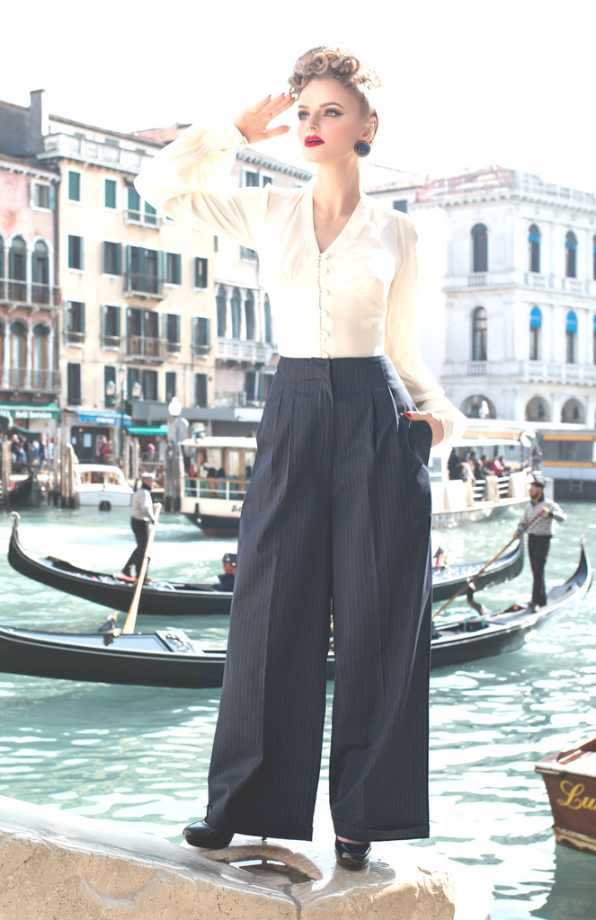 Hepburn 40s Style Vintage WideLeg Trousers in Amalfi Teal Crepe  Lau   pinupgirlclothingcom