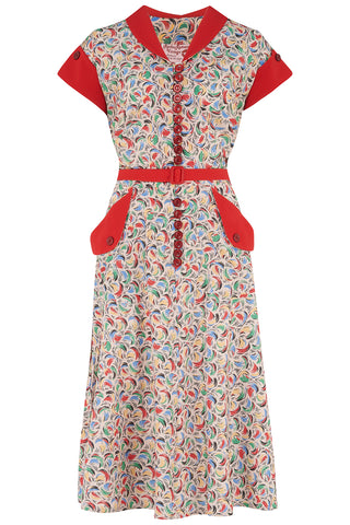 The "Casey" Dress in Tutti Frutti Print With Red Contrasts, True & Authentic 1950s Vintage Style - CC41, Goodwood Revival, Twinwood Festival, Viva Las Vegas Rockabilly Weekend Rock n Romance Rock n Romance