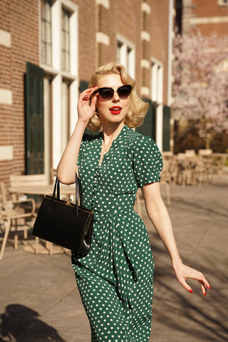 "Mabel" Dress in Green Polka , A Classic 1940s True Vintage Inspired Style - CC41, Goodwood Revival, Twinwood Festival, Viva Las Vegas Rockabilly Weekend Rock n Romance The Seamstress of Bloomsbury