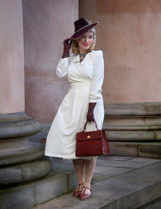 The "Evie" Long Sleeve Wrap Dress in Antique White, True & Authentic Late 1940s Early 1950s Vintage Style - CC41, Goodwood Revival, Twinwood Festival, Viva Las Vegas Rockabilly Weekend Rock n Romance Rock n Romance