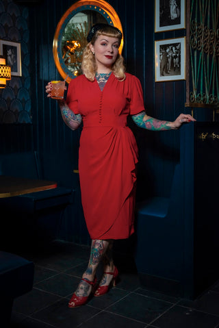 "Mabel" Dress in Solid Red, A Classic 1940s Inspired Vintage Style - CC41, Goodwood Revival, Twinwood Festival, Viva Las Vegas Rockabilly Weekend Rock n Romance The Seamstress of Bloomsbury