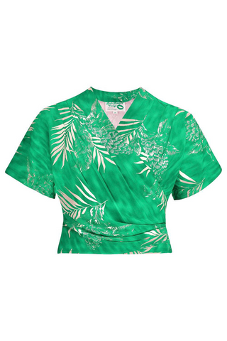 The "Darla" Short Sleeve Wrap Blouse in Emerald Palm Print, True Vintage Style - CC41, Goodwood Revival, Twinwood Festival, Viva Las Vegas Rockabilly Weekend Rock n Romance Rock n Romance