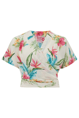 The "Darla" Short Sleeve Wrap Blouse in Natural Honolulu Print, True Vintage Style - CC41, Goodwood Revival, Twinwood Festival, Viva Las Vegas Rockabilly Weekend Rock n Romance Rock n Romance