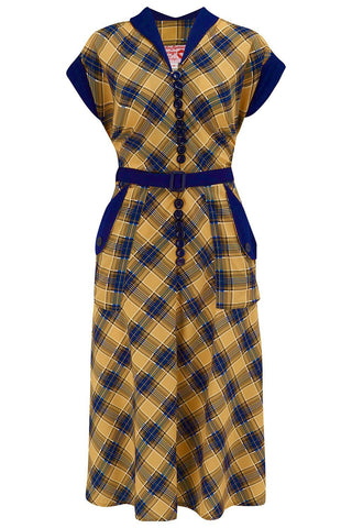 The "Casey" Dress in Mustard & Navy Check Print, True 1950s Vintage Style - CC41, Goodwood Revival, Twinwood Festival, Viva Las Vegas Rockabilly Weekend Rock n Romance Rock n Romance