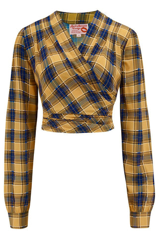 The "Darla" Long Sleeve Wrap Blouse in Mustard & Navy Check Print, True Vintage Style - CC41, Goodwood Revival, Twinwood Festival, Viva Las Vegas Rockabilly Weekend Rock n Romance Rock n Romance