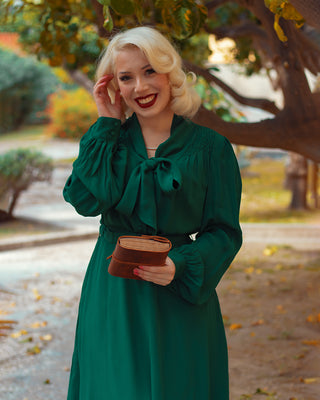 "Eva" Dress in Green , Classic 1940's Style Long Sleeve Dress with Tie Neck - CC41, Goodwood Revival, Twinwood Festival, Viva Las Vegas Rockabilly Weekend Rock n Romance The Seamstress Of Bloomsbury