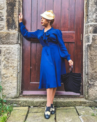 "Eva" Dress in Navy , Classic 1940's Style Long Sleeve Dress with Tie Neck - CC41, Goodwood Revival, Twinwood Festival, Viva Las Vegas Rockabilly Weekend Rock n Romance The Seamstress Of Bloomsbury