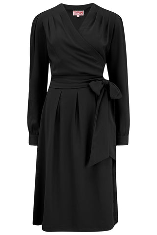 The "Evie" Long Sleeve Wrap Dress in Black, True & Authentic Late 1940s Early 1950s Vintage Style - CC41, Goodwood Revival, Twinwood Festival, Viva Las Vegas Rockabilly Weekend Rock n Romance Rock n Romance