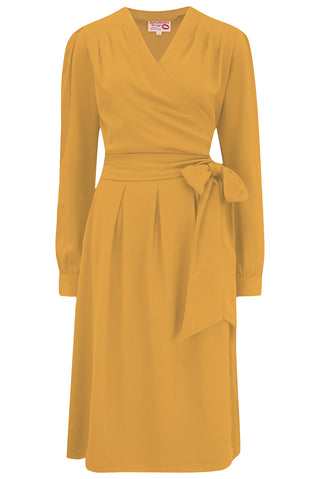 The "Evie" Long Sleeve Wrap Dress in Mustard, True & Authentic Late 1940s Early 1950s Vintage Style - CC41, Goodwood Revival, Twinwood Festival, Viva Las Vegas Rockabilly Weekend Rock n Romance Rock n Romance