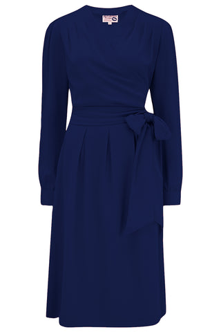 The "Evie" Long Sleeve Wrap Dress in Navy, True & Authentic Late 1940s Early 1950s Vintage Style - CC41, Goodwood Revival, Twinwood Festival, Viva Las Vegas Rockabilly Weekend Rock n Romance Rock n Romance