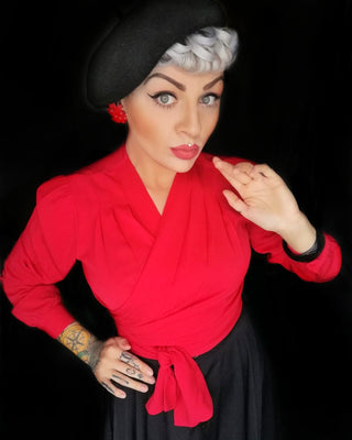 The "Darla" Long Sleeve Wrap Blouse in Red, True Vintage Style - CC41, Goodwood Revival, Twinwood Festival, Viva Las Vegas Rockabilly Weekend Rock n Romance Rock n Romance