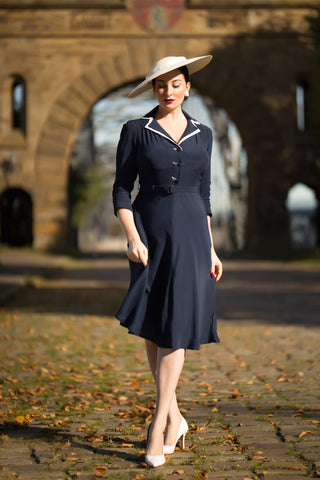 Long sleeve Lisa - Mae Dress in Navy with contrast under collar, Authentic 1940s Vintage Style at its Best - CC41, Goodwood Revival, Twinwood Festival, Viva Las Vegas Rockabilly Weekend Rock n Romance The Seamstress Of Bloomsbury