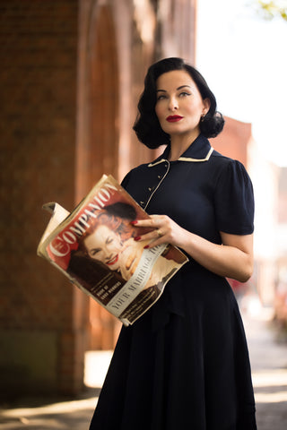 "Mae" Tea Dress in Navy with Cream Contrasts, Classic 1940s Vintage Style - CC41, Goodwood Revival, Twinwood Festival, Viva Las Vegas Rockabilly Weekend Rock n Romance The Seamstress of Bloomsbury