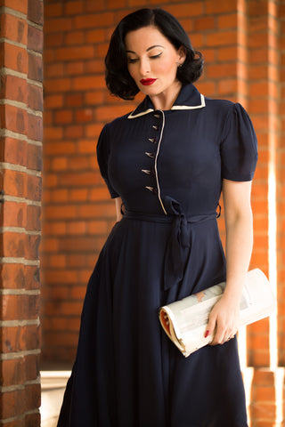 "Mae" Tea Dress in Navy with Cream Contrasts, Classic 1940s Vintage Style - CC41, Goodwood Revival, Twinwood Festival, Viva Las Vegas Rockabilly Weekend Rock n Romance The Seamstress of Bloomsbury