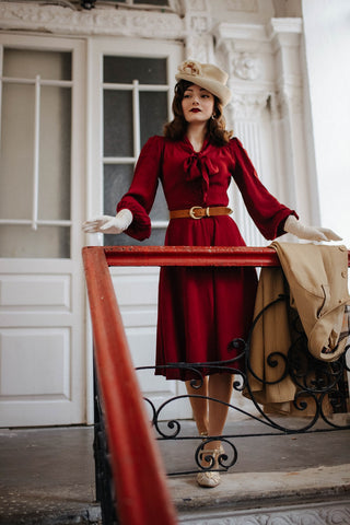 "Eva" Dress in Solid Wine , Classic 1940's Style Long Sleeve Dress with Tie Neck - CC41, Goodwood Revival, Twinwood Festival, Viva Las Vegas Rockabilly Weekend Rock n Romance The Seamstress Of Bloomsbury