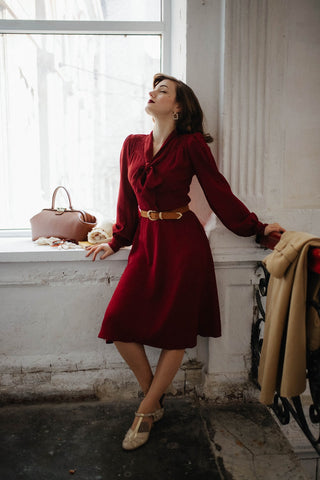 "Eva" Dress in Solid Wine , Classic 1940's Style Long Sleeve Dress with Tie Neck - CC41, Goodwood Revival, Twinwood Festival, Viva Las Vegas Rockabilly Weekend Rock n Romance The Seamstress Of Bloomsbury