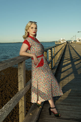 The "Casey" Dress in Tutti Frutti Print With Red Contrasts, True & Authentic 1950s Vintage Style - CC41, Goodwood Revival, Twinwood Festival, Viva Las Vegas Rockabilly Weekend Rock n Romance Rock n Romance