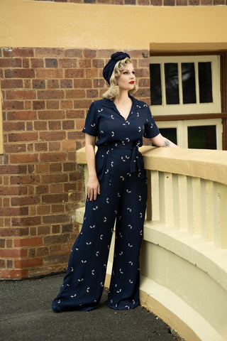 "Lauren" Siren Suit in Navy with Doggy Print by The Seamstress of Bloomsbury Classic 1940s Style - True and authentic vintage style clothing, inspired by the Classic styles of CC41 , WW2 and the fun 1950s RocknRoll era, for everyday wear plus events like Goodwood Revival, Twinwood Festival and Viva Las Vegas Rockabilly Weekend Rock n Romance The Seamstress Of Bloomsbury